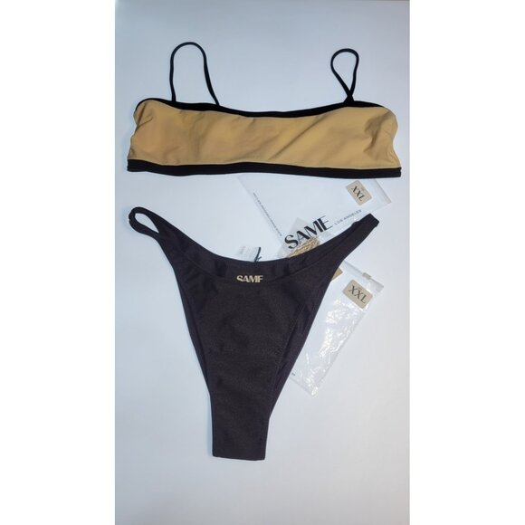 SAME Los Angeles Bikini Womens Top XXLarge  Bottom High Weist Faux Suede Cream - Picture 1 of 8